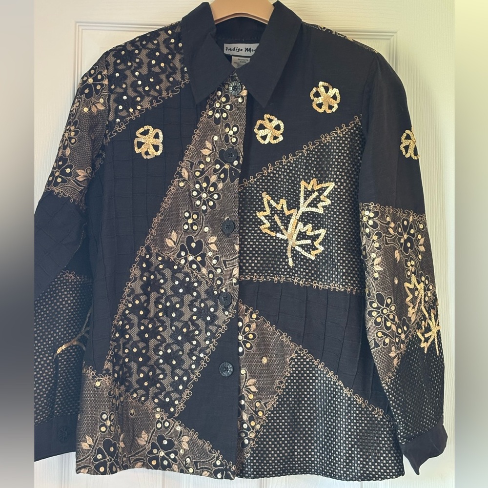 Indigo Moon Women's Black & Gold Patchwork Button-Down Shirt
